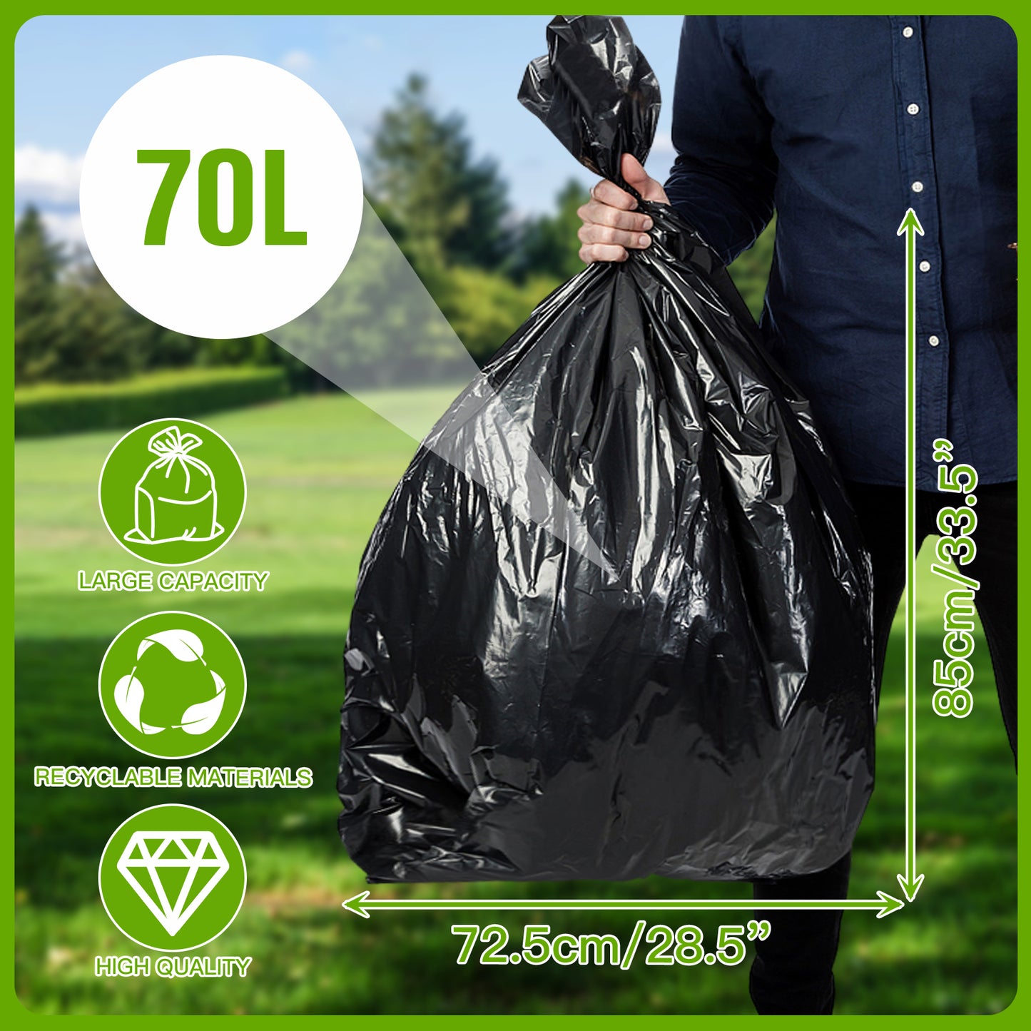 GRANDMA SHARK 70L Heavy Duty Bin Bags, Recycled Material Refuse Sacks, Strong 25 Micron Black Bin Bags, 40 Pack for Home & Commercial Waste Disposal, Durable & Leak-Proof
