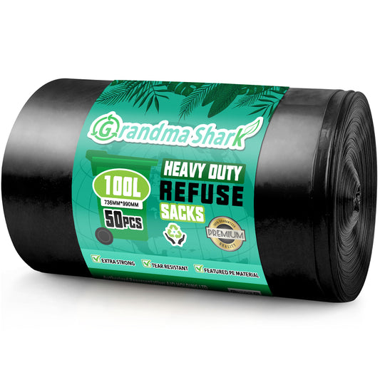 GRANDMA SHARK 100L Heavy Duty Bin Bags, Recycled Material Refuse Sacks, Strong 33 Micron Black Bin Bags for Home & Commercial Waste Disposal, Durable & Leak-Proof