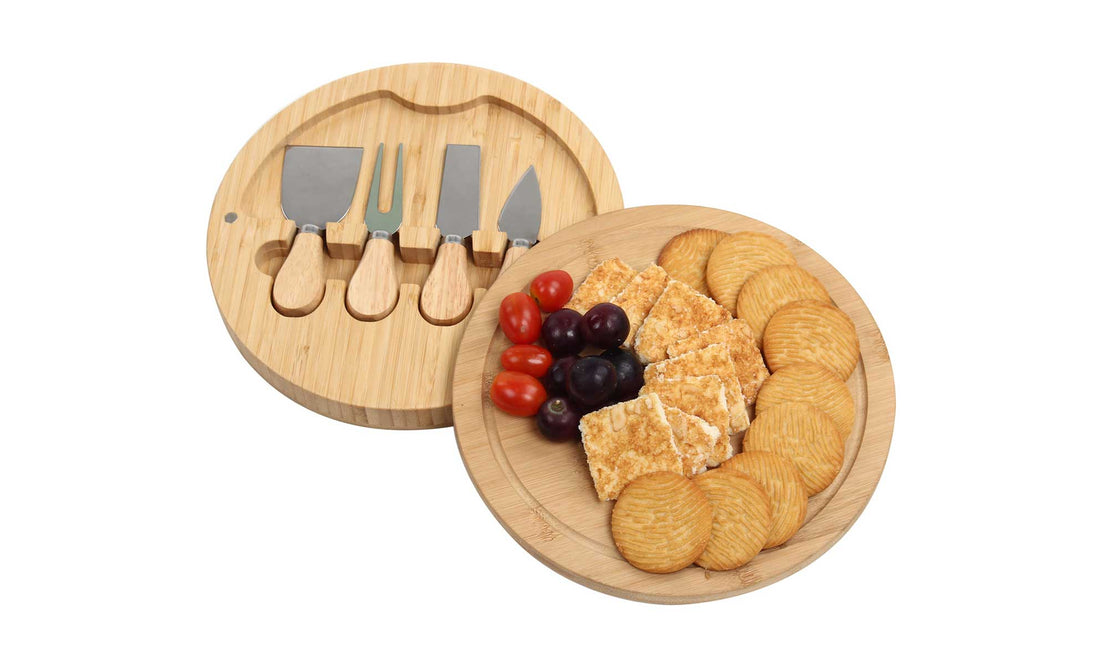 GRANDMA SHARK Cheese Platter Set, Bamboo Cheese Board with 4 Cheese Knives, Fruit Food Board (Round)