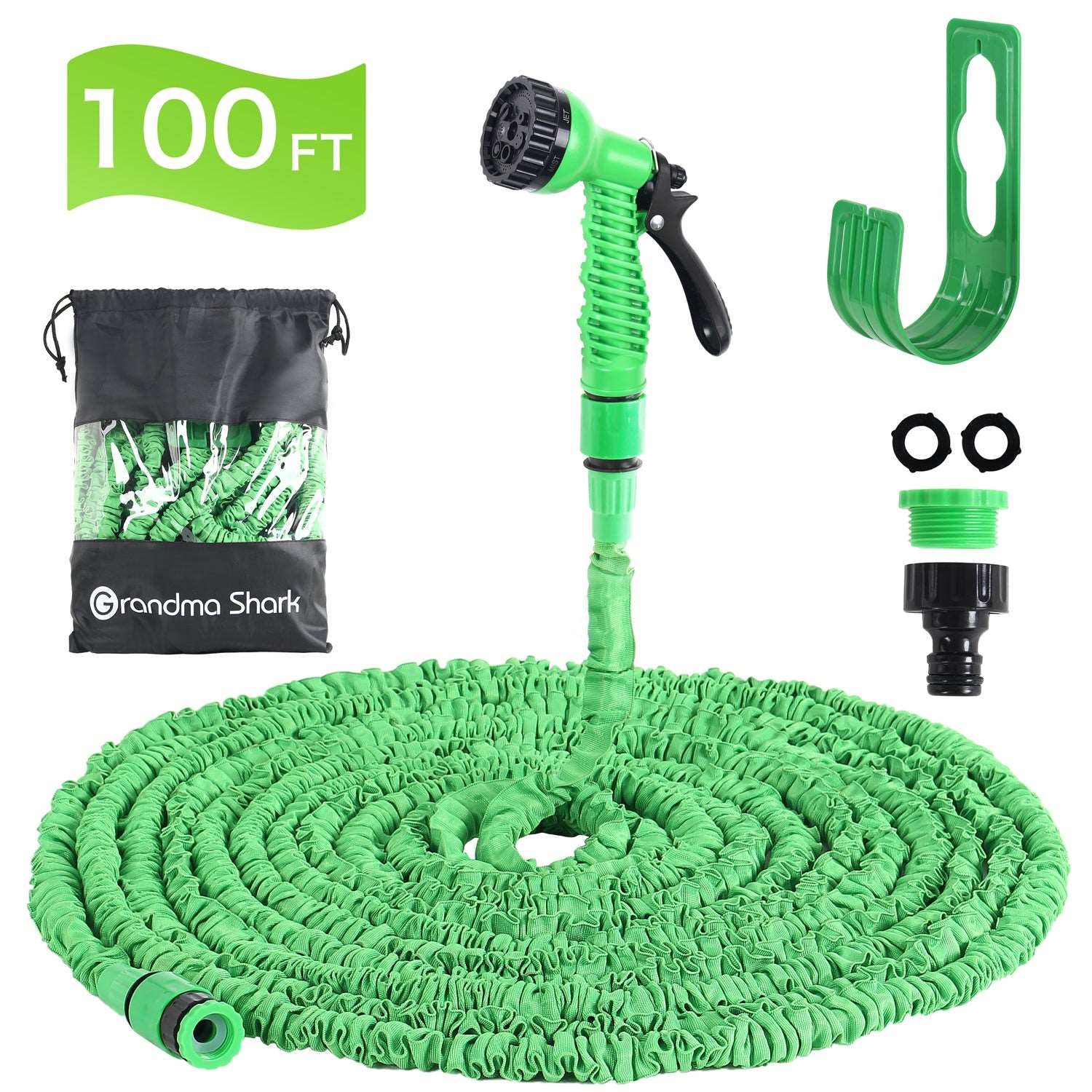 GRANDMA SHARK Garden Hose, Expandable Hose with 7 Modes Spray Gun, High-Quality Water Pipe 30 Meter / 100 FT Green