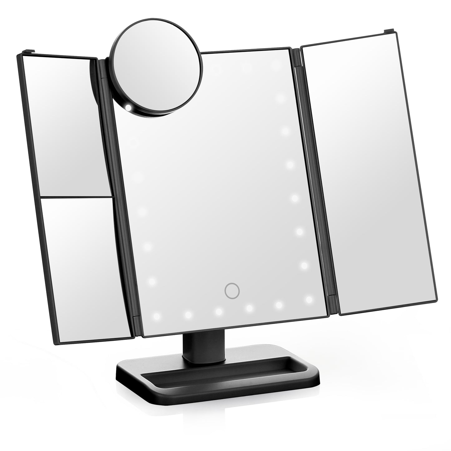 Tri-Fold Makeup Mirror with LED Light and Touchscreen Switch Black