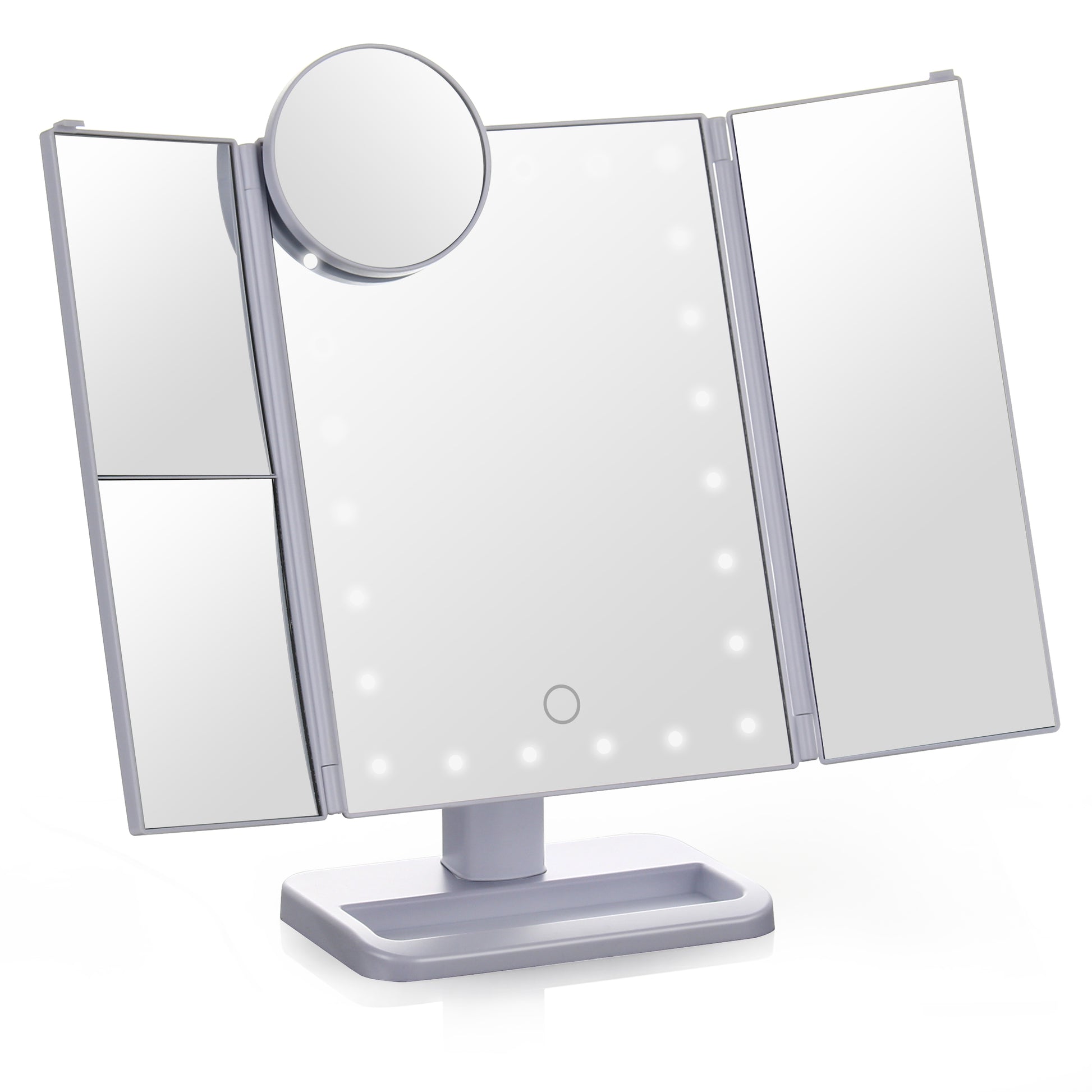 Tri-Fold Makeup Mirror with LED Light and Touchscreen Switch White