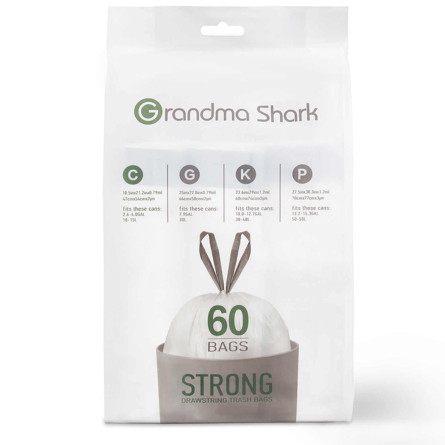 Grandma Shark Strong Drawstring Bin Bags - Large Capacity, Leak-Proof, Scent-Free 47 × 54 cm 60 PCS