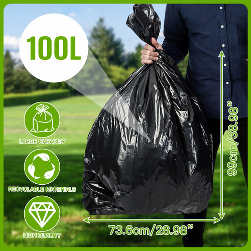 GRANDMA SHARK 20 Pack 100L Heavy Duty Bin Bags, Recycled Material Refuse Sacks, Strong 33 Micron Black Bin Bags, for Home & Commercial Waste Disposal, Durable & Leak-Proof