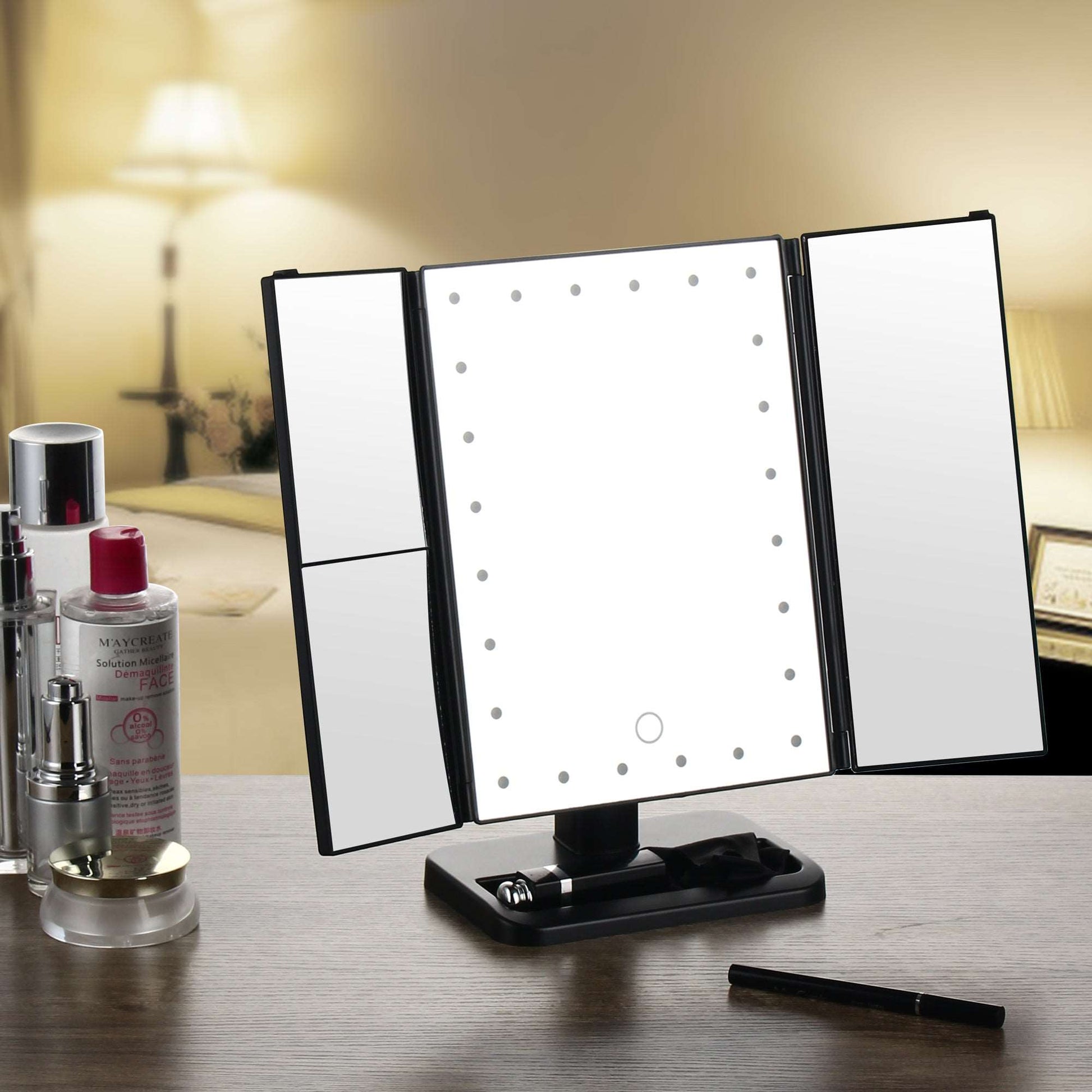 Tri-Fold Makeup Mirror with LED Light and Touchscreen Switch