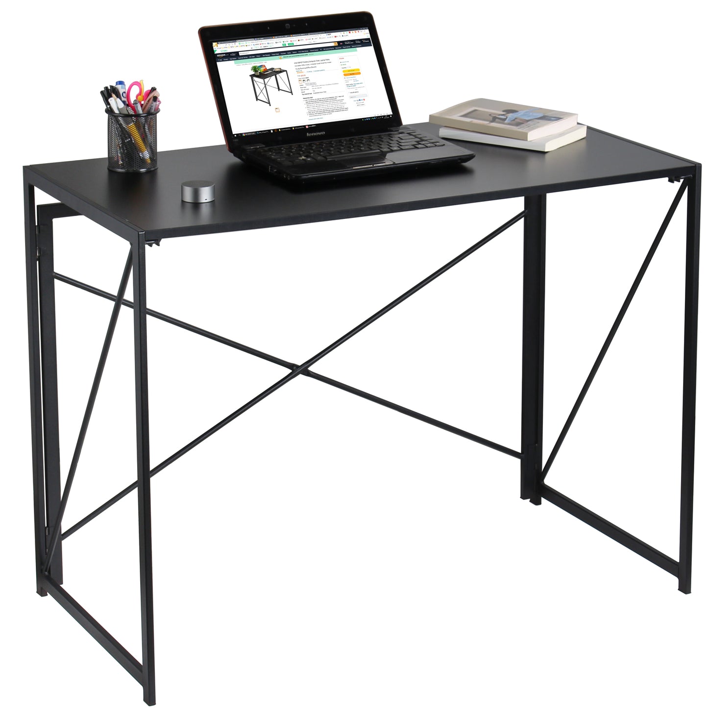 Folding Computer Table, 100x50x75cm Folding Desk Home Office Laptop Desk for Small Spaces Modern Simple Style PC Table Coffee Table Writing Small Desk, Metal Frame, Black