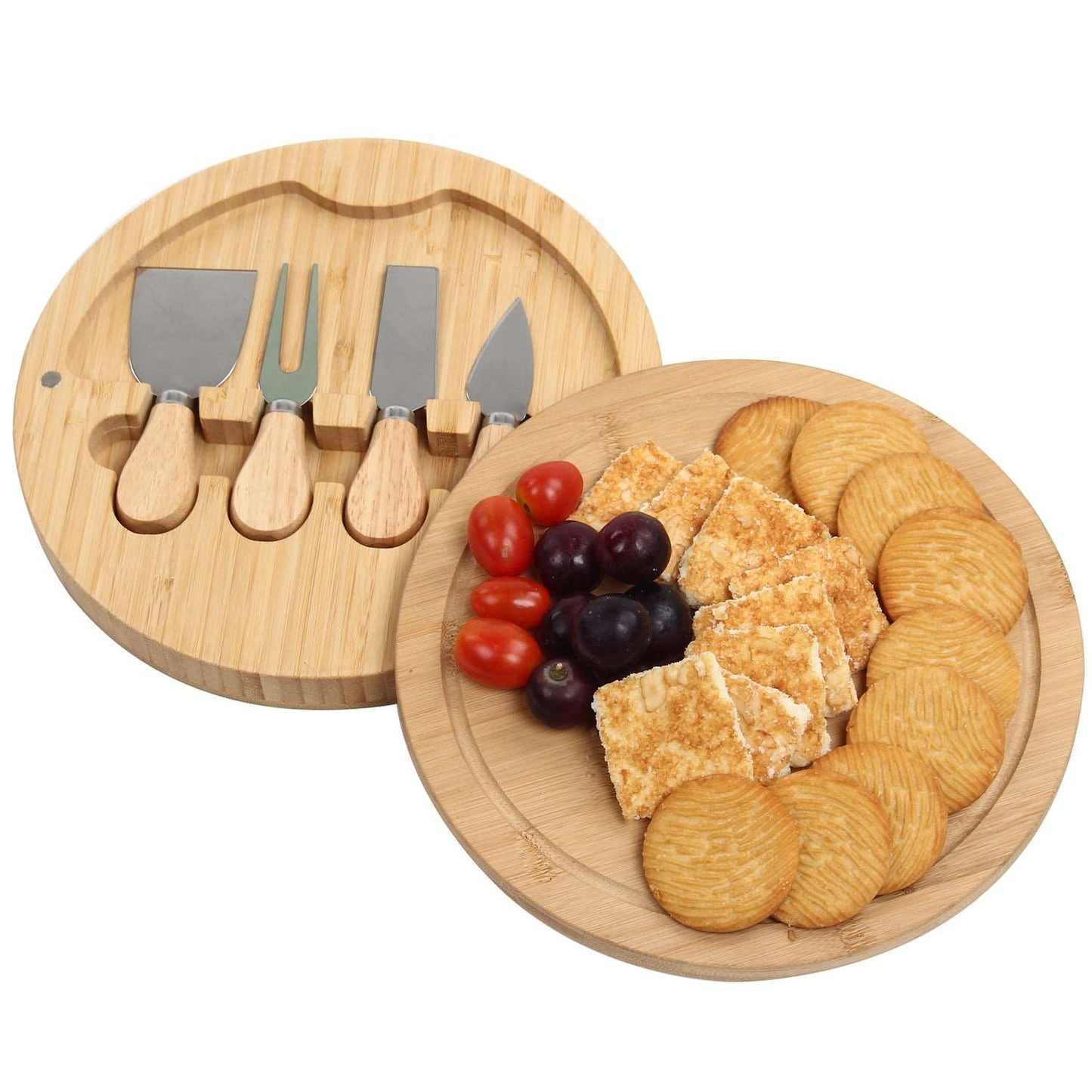 GRANDMA SHARK Cheese Platter Set, Bamboo Cheese Board with 4 Cheese Knives, Fruit Food Board (Round)