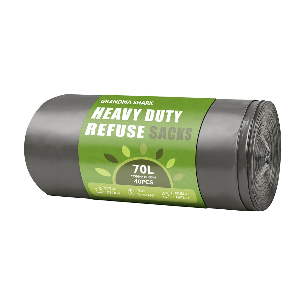 GRANDMA SHARK 40 Pack 70L Heavy Duty Bin Bags Grey, Recycled Material Refuse Sacks, Strong 30 Micron Black Bin Bags, for Home & Commercial Waste Disposal, Durable & Leak-Proof