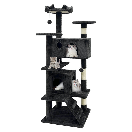 GRANDMA SHARK Cat Tree 138.5 cm - Multi-Level Cat Scratching Tower with Scratching Posts, 2 Houses, Ladder, and Dangling Balls, Black