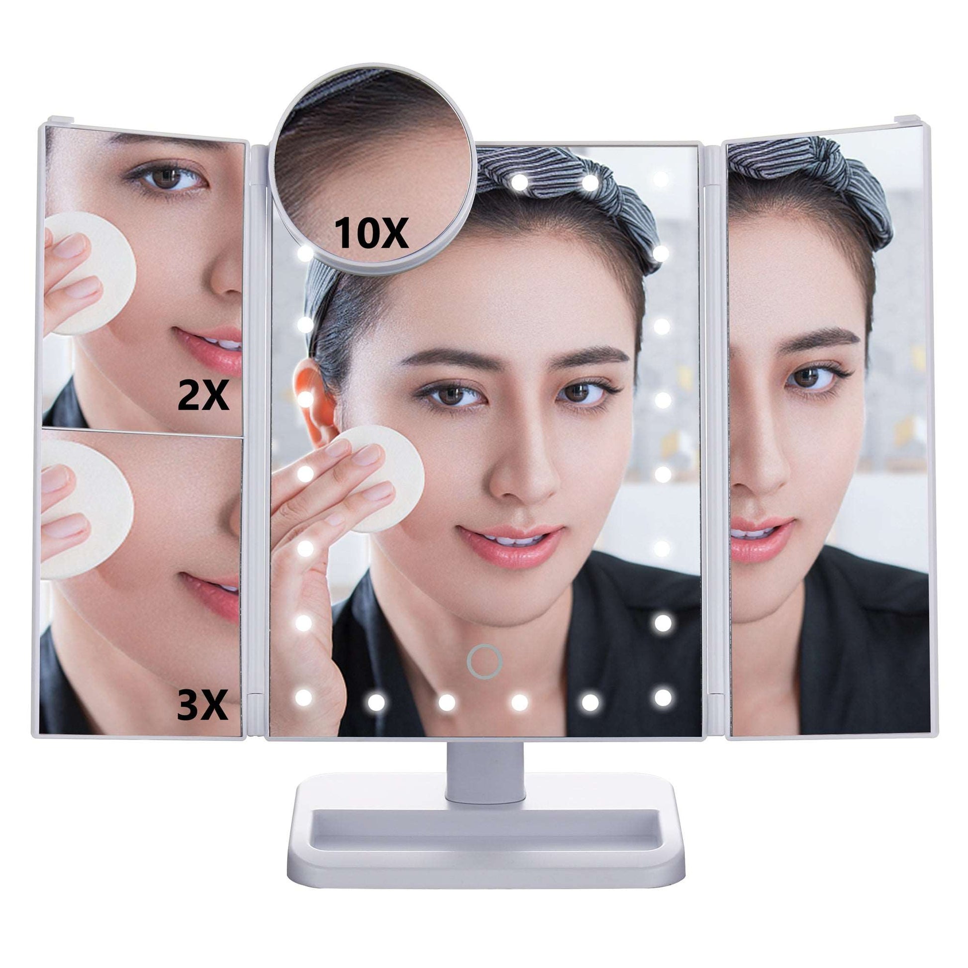 Tri-Fold Makeup Mirror with LED Light and Touchscreen Switch