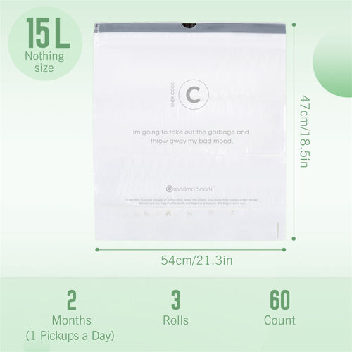 GRANDMA SHARK 10L - 15L Bin Bags 60 Liners Drawstring Trash Bag, Handle Waste Bags, Super Strong, Anti-drip Unscented, 47 × 54 cm