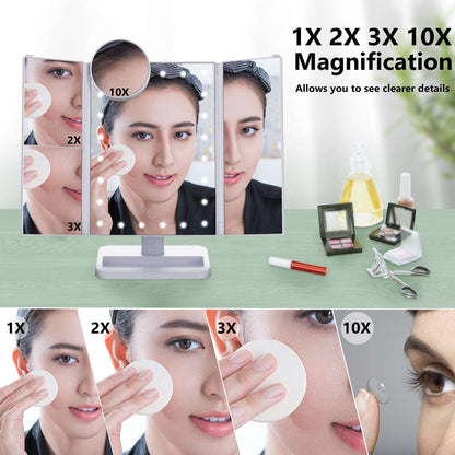 Tri-Fold Makeup Mirror with LED Light and Touchscreen Switch