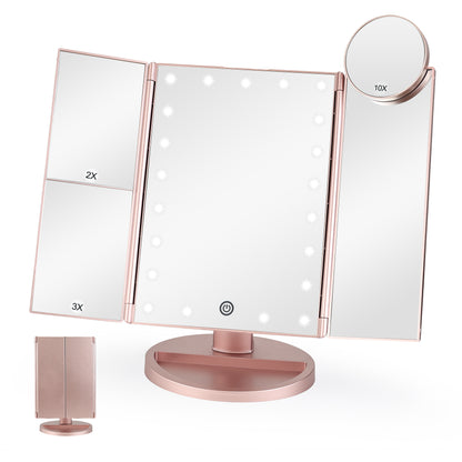 tTrifold Vanity Mirror with 21 LED Lights, 2X/3X/10X Magnification Table Mirror, with Adjustable Brightness Touch Control, Dual Power Supply