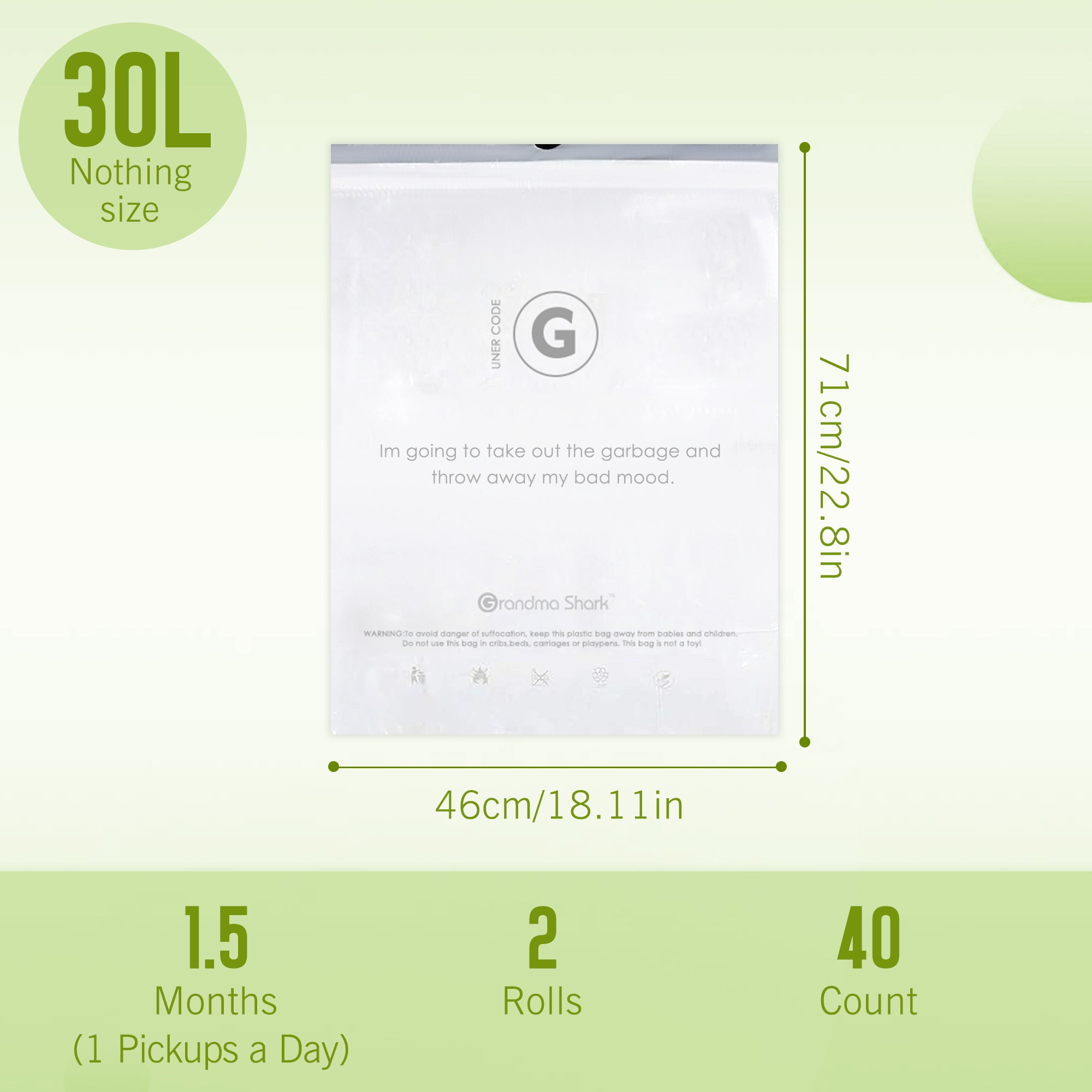 GRANDMA SHARK 30L - 35L Bin Bags 40 Liners Drawstring Trash Bag, Handle Waste Bags, Super Strong, Anti-drip Unscented, 46 × 71 cm