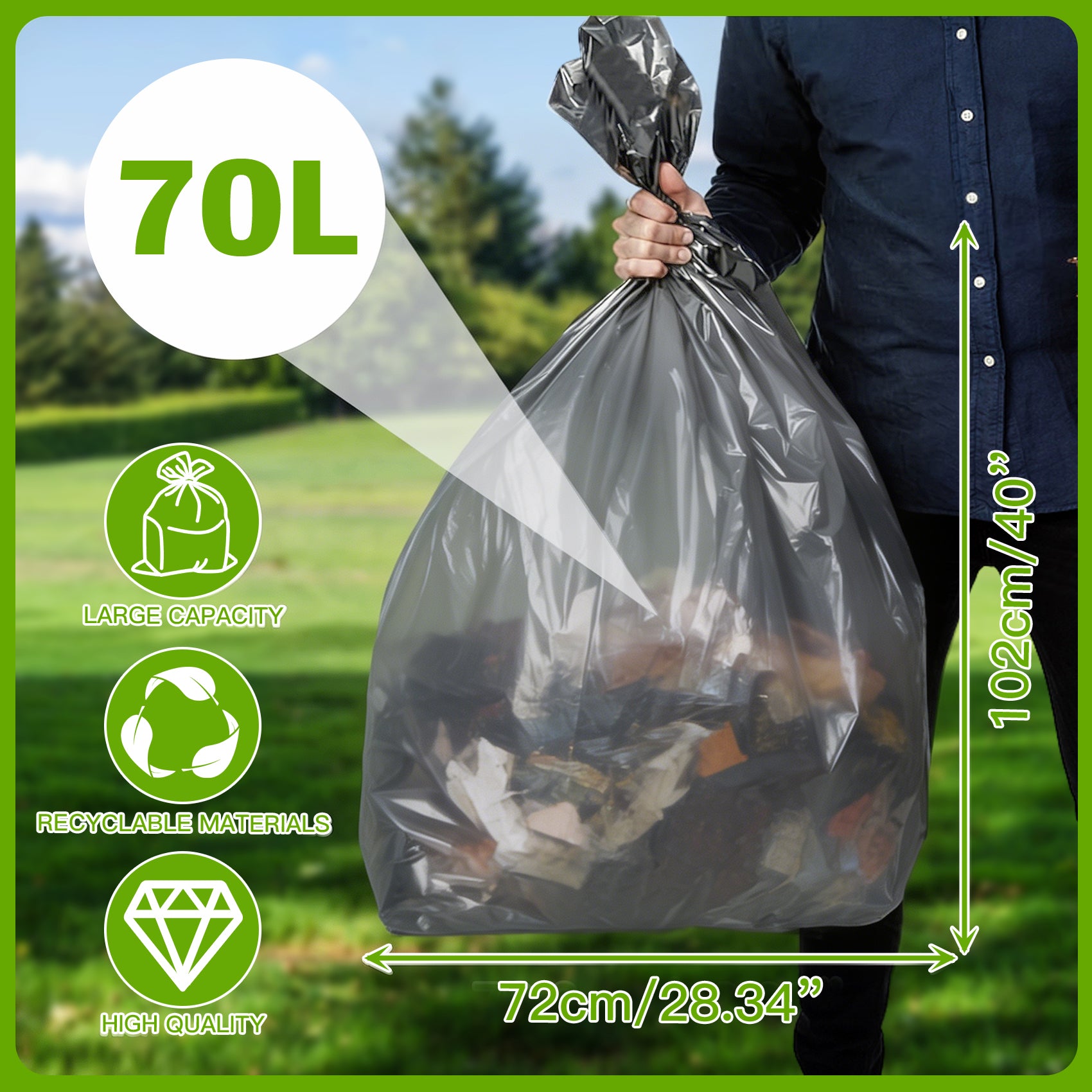 GRANDMA SHARK 40 Pack 70L Heavy Duty Bin Bags Grey, Recycled Material Refuse Sacks, Strong 30 Micron Black Bin Bags, for Home & Commercial Waste Disposal, Durable & Leak-Proof