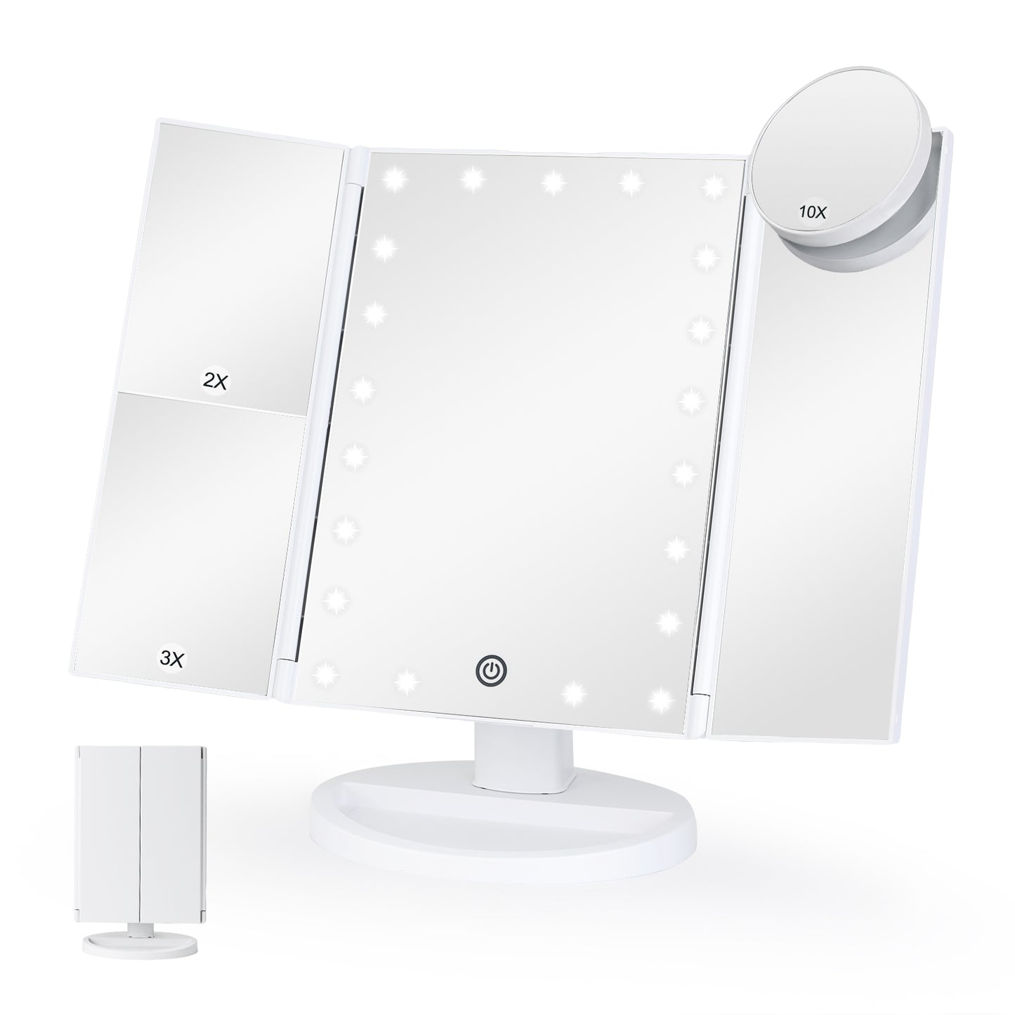 tTrifold Vanity Mirror with 21 LED Lights, 2X/3X/10X Magnification Table Mirror, with Adjustable Brightness Touch Control, Dual Power Supply