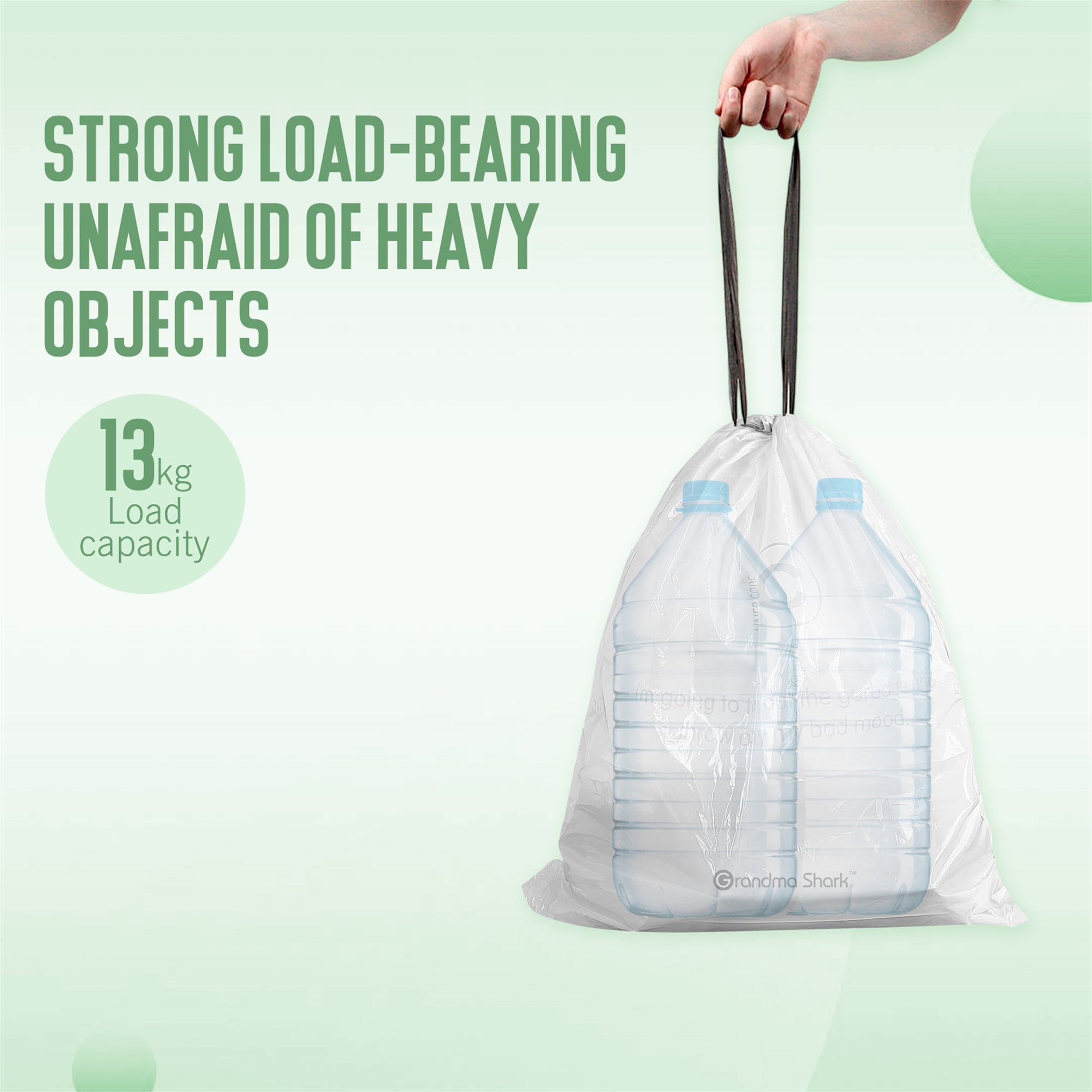 GRANDMA SHARK 10L - 15L Bin Bags 60 Liners Drawstring Trash Bag, Handle Waste Bags, Super Strong, Anti-drip Unscented, 47 × 54 cm