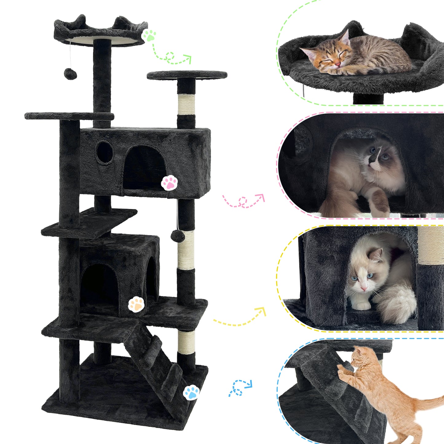 GRANDMA SHARK Cat Tree 138.5 cm - Multi-Level Cat Scratching Tower with Scratching Posts, 2 Houses, Ladder, and Dangling Balls, Black