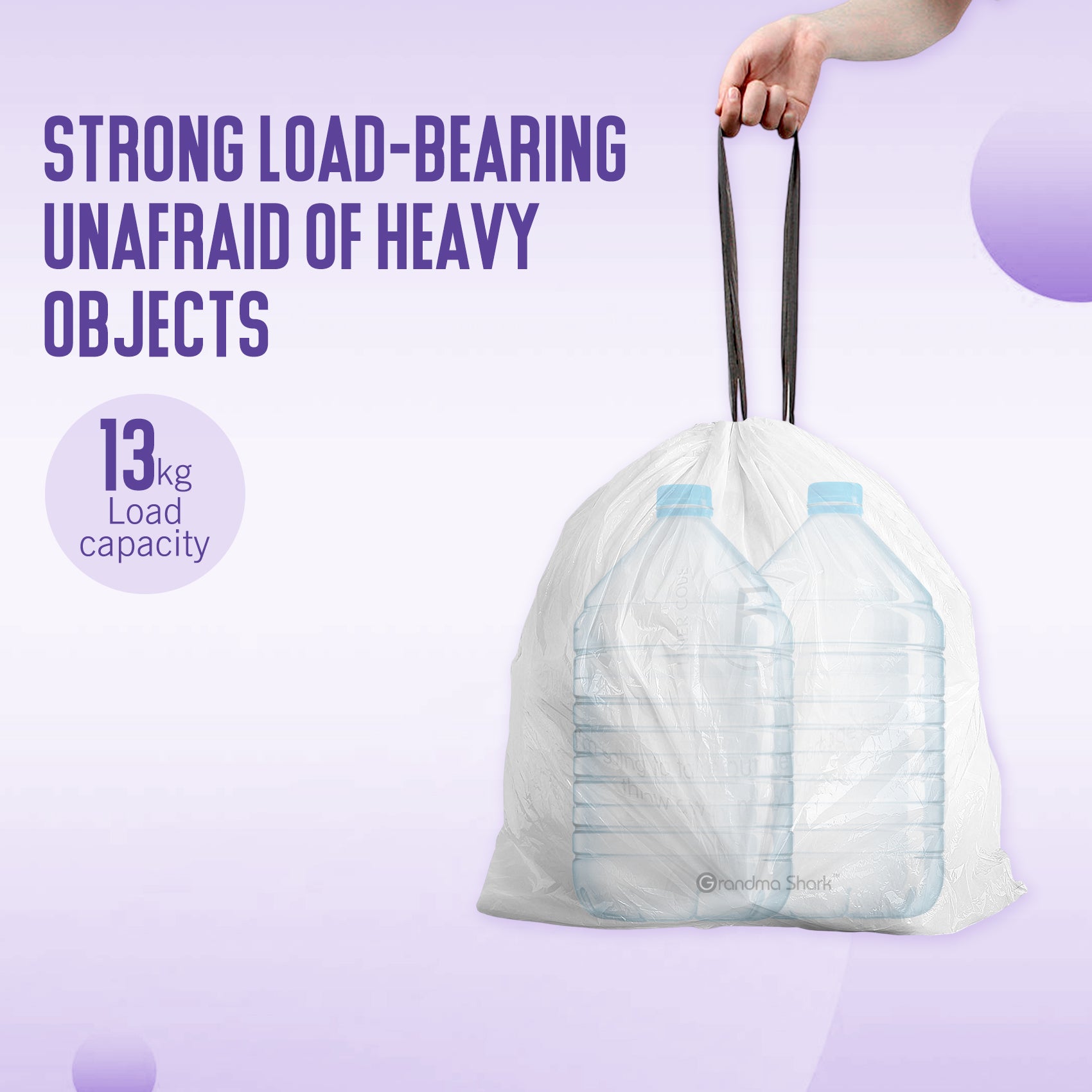 GRANDMA SHARK 30L - 35L Bin Bags 100 Liners Drawstring Trash Bag, Handle Waste Bags, Super Strong, Anti-drip Unscented, 64 × 58 cm