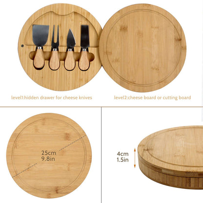 GRANDMA SHARK Cheese Platter Set, Bamboo Cheese Board with 4 Cheese Knives, Fruit Food Board (Round)