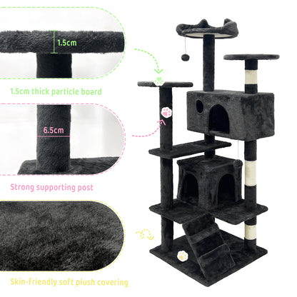 GRANDMA SHARK Cat Tree 138.5 cm - Multi-Level Cat Scratching Tower with Scratching Posts, 2 Houses, Ladder, and Dangling Balls, Black