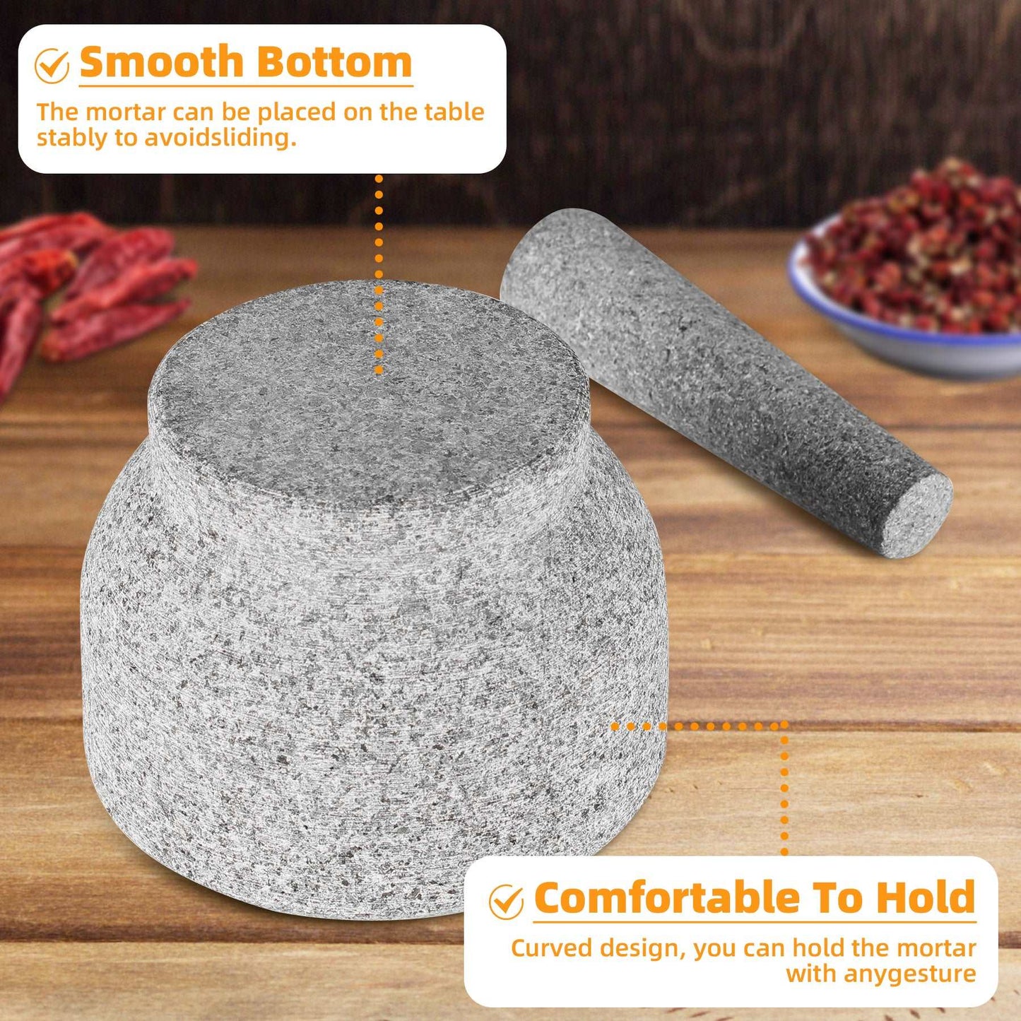 GRANDMA SHARK Mortar and Pestle Set - 14 cm Diameter Large Capacity Hard Granite Mortar