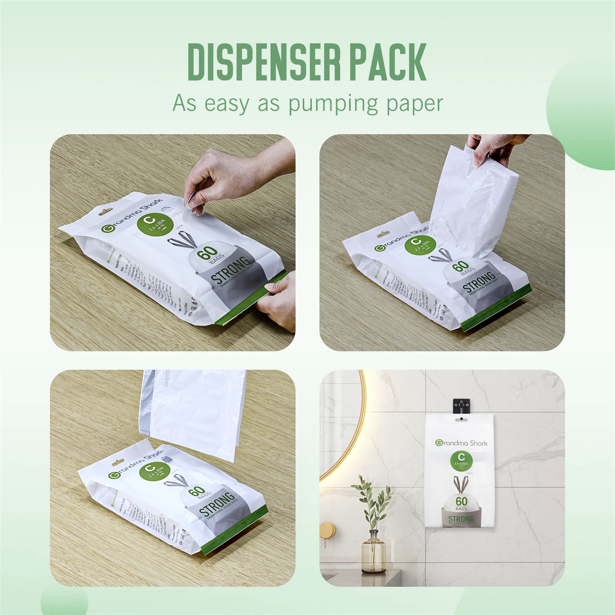 GRANDMA SHARK 10L - 15L Bin Bags 120 Liners Drawstring Trash Bag, Handle Waste Bags, Super Strong, Anti-drip Unscented, 47 × 54 cm