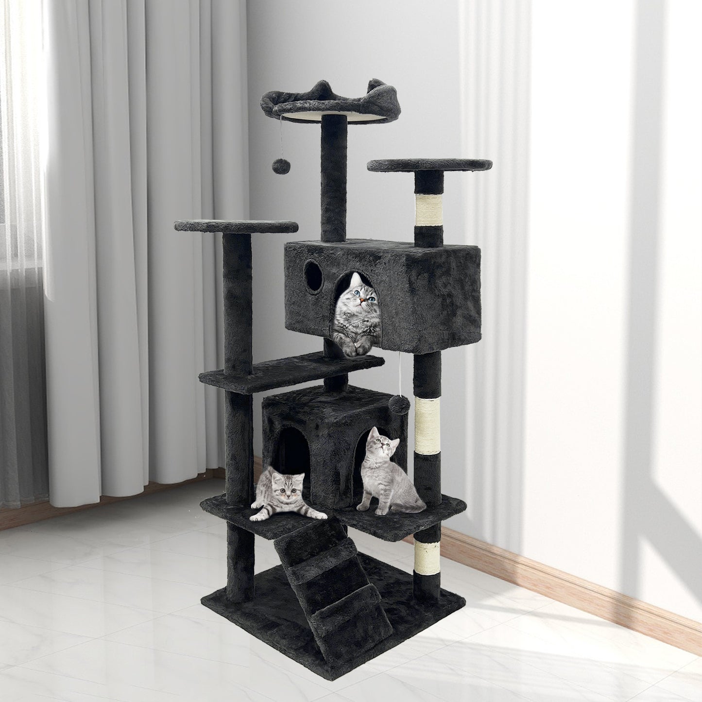 GRANDMA SHARK Cat Tree 138.5 cm - Multi-Level Cat Scratching Tower with Scratching Posts, 2 Houses, Ladder, and Dangling Balls, Black