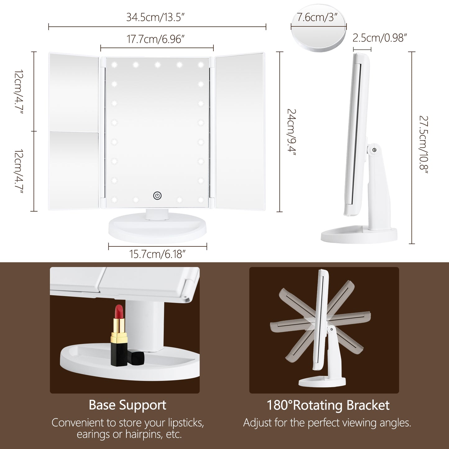 tTrifold Vanity Mirror with 21 LED Lights, 2X/3X/10X Magnification Table Mirror, with Adjustable Brightness Touch Control, Dual Power Supply