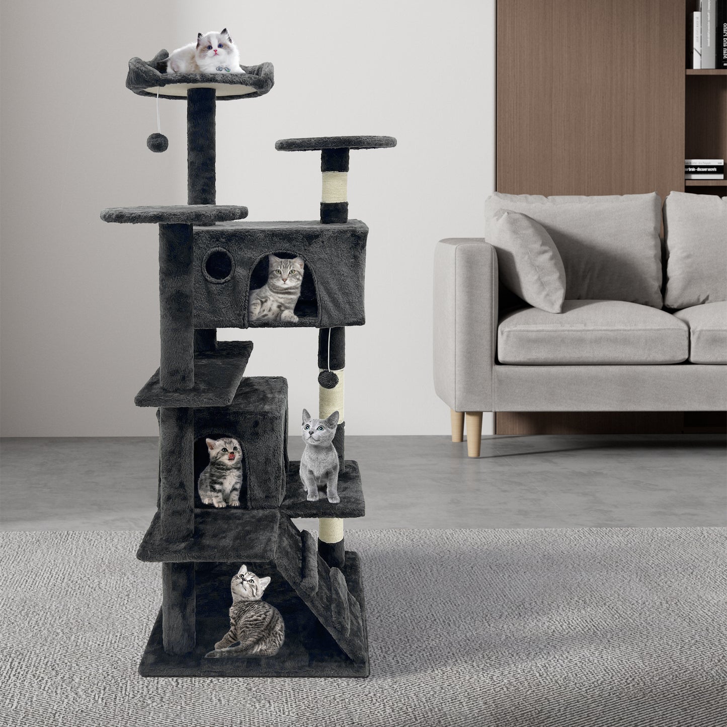 GRANDMA SHARK Cat Tree 138.5 cm - Multi-Level Cat Scratching Tower with Scratching Posts, 2 Houses, Ladder, and Dangling Balls, Black