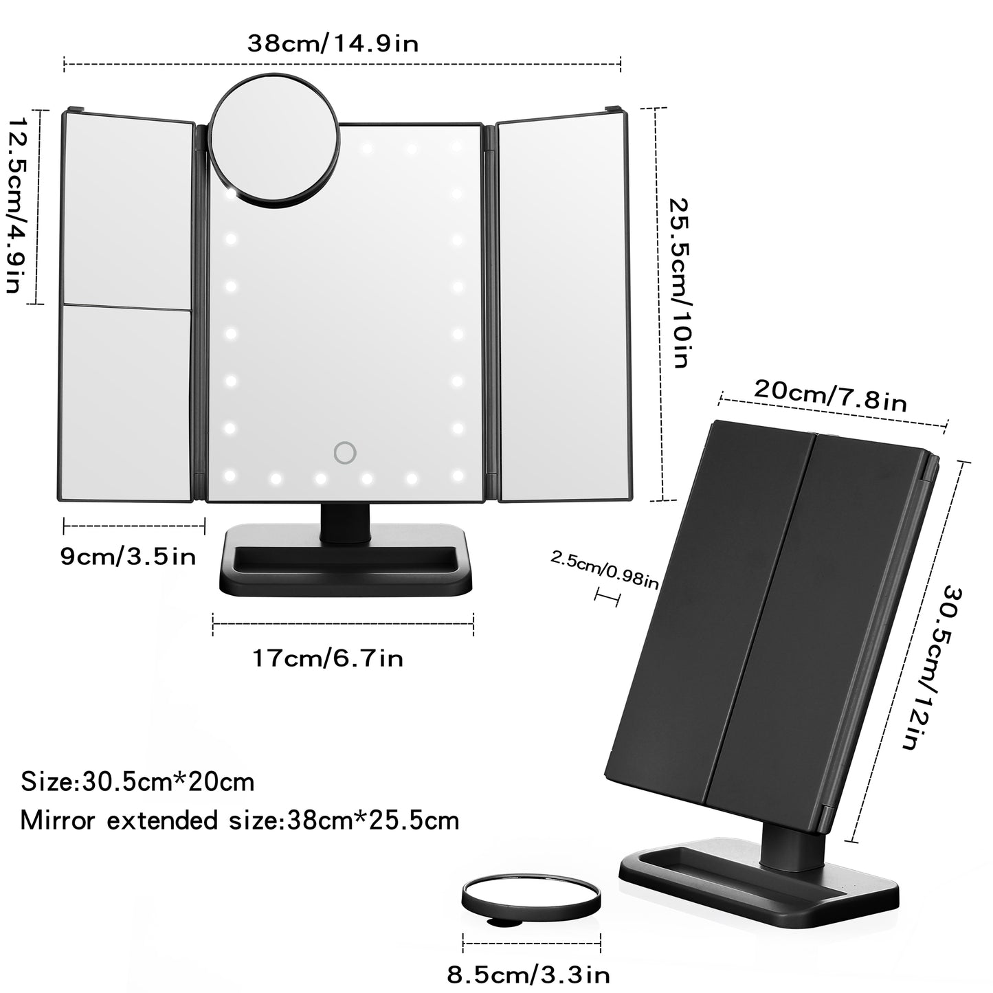 Tri-Fold Makeup Mirror with LED Light and Touchscreen Switch