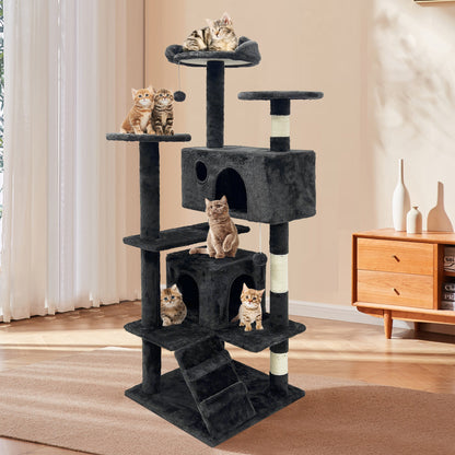 GRANDMA SHARK Cat Tree 138.5 cm - Multi-Level Cat Scratching Tower with Scratching Posts, 2 Houses, Ladder, and Dangling Balls, Black