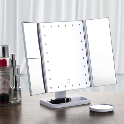 Tri-Fold Makeup Mirror with LED Light and Touchscreen Switch