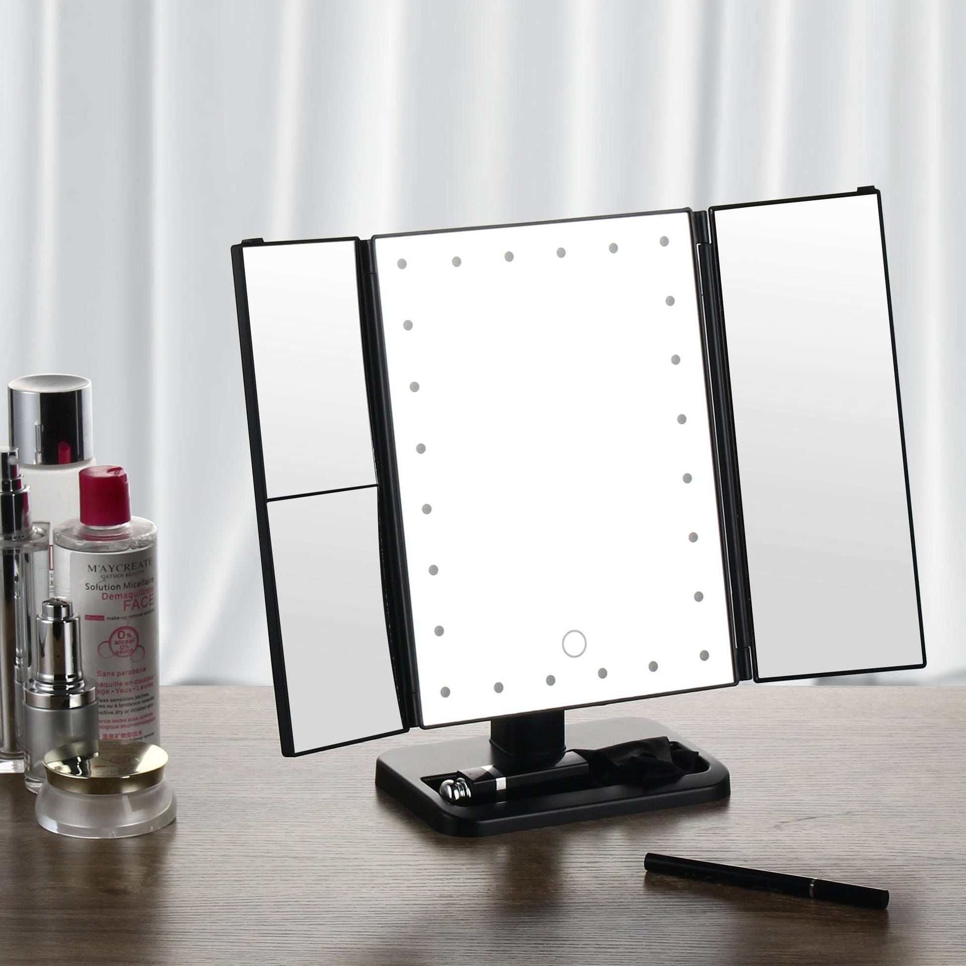 Tri-Fold Makeup Mirror with LED Light and Touchscreen Switch