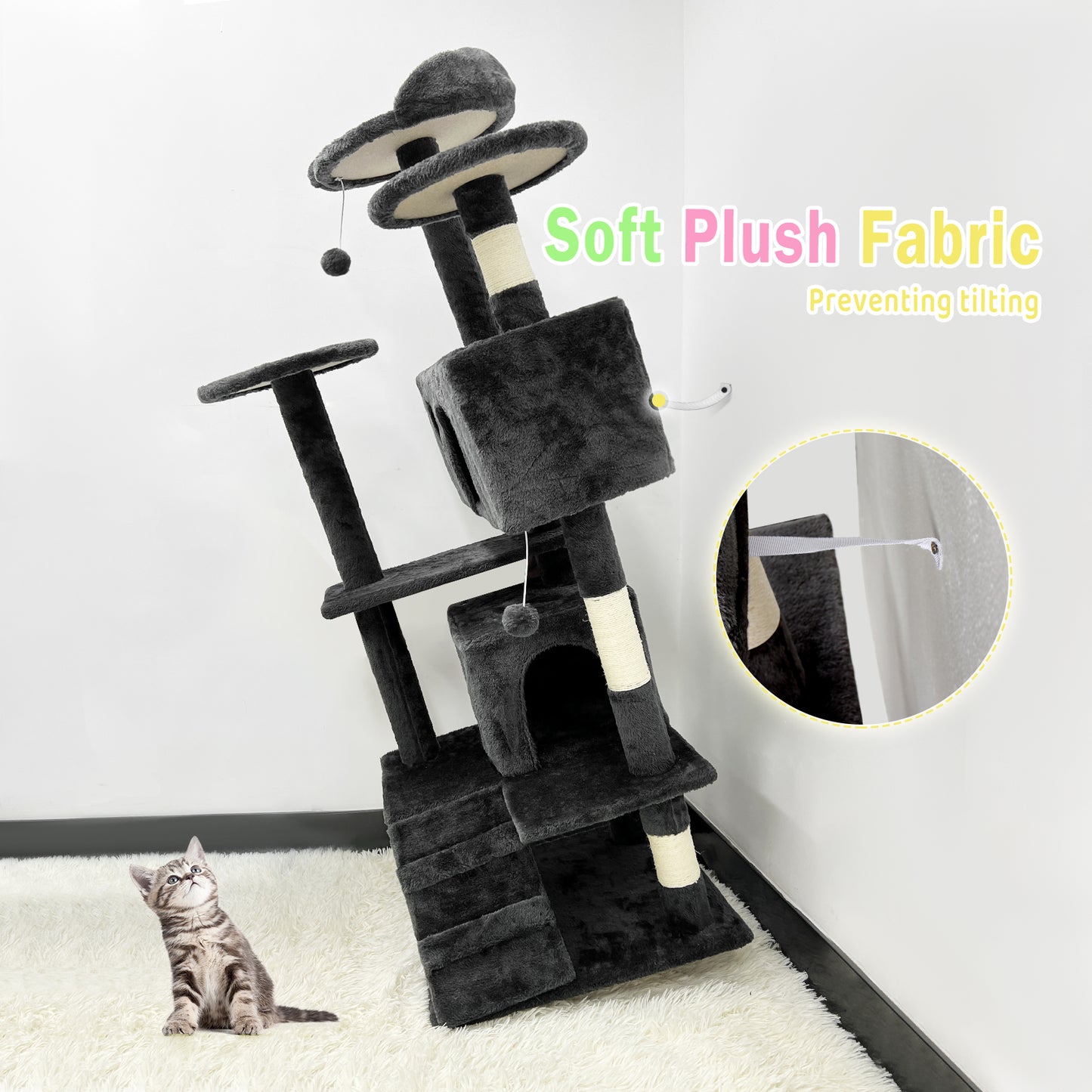 GRANDMA SHARK Cat Tree 138.5 cm - Multi-Level Cat Scratching Tower with Scratching Posts, 2 Houses, Ladder, and Dangling Balls, Black