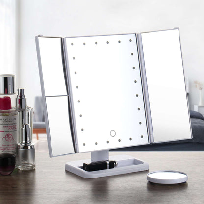 Tri-Fold Makeup Mirror with LED Light and Touchscreen Switch