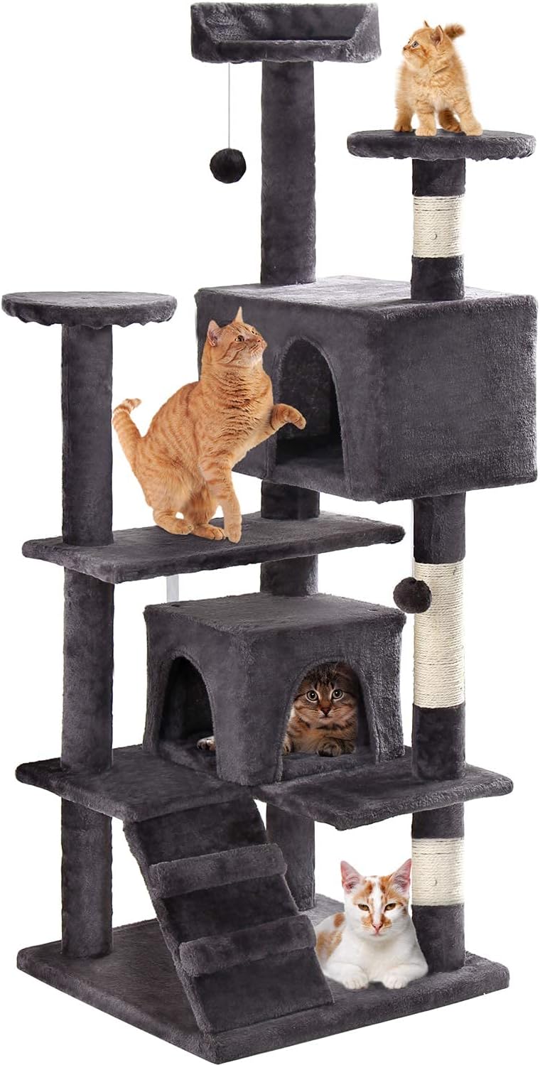 GRANDMA SHARK Cat Tree 135cm - Multi-Level Cat Scratching Tower with Scratching Posts, 2 Houses, Ladder, and Dangling Balls, Black