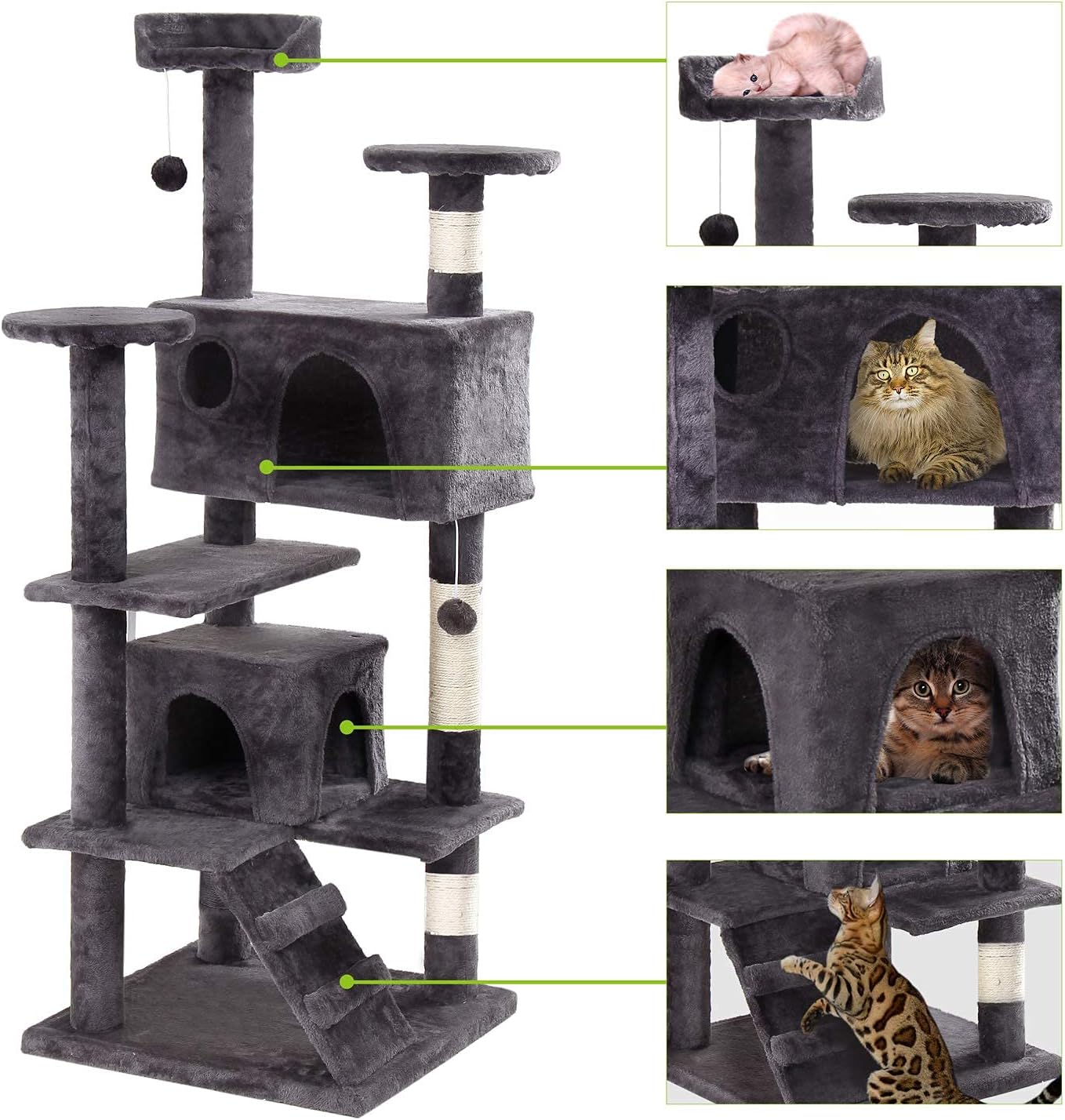 GRANDMA SHARK Cat Tree 135cm - Multi-Level Cat Scratching Tower with Scratching Posts, 2 Houses, Ladder, and Dangling Balls, Black