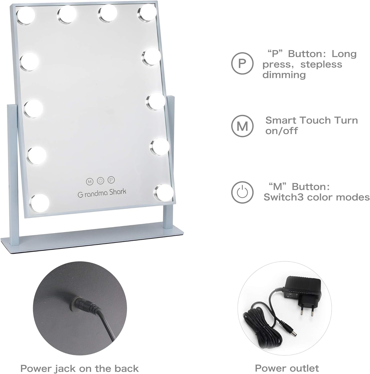 GRANDMA SHARK Hollywood Makeup Mirror, Adjustable Angle, Touch Button, Adjustable Brightness