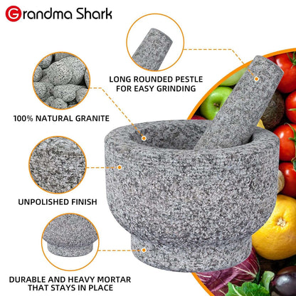 GRANDMA SHARK Mortar and Pestle Set - 14 cm Diameter Large Capacity Hard Granite Mortar