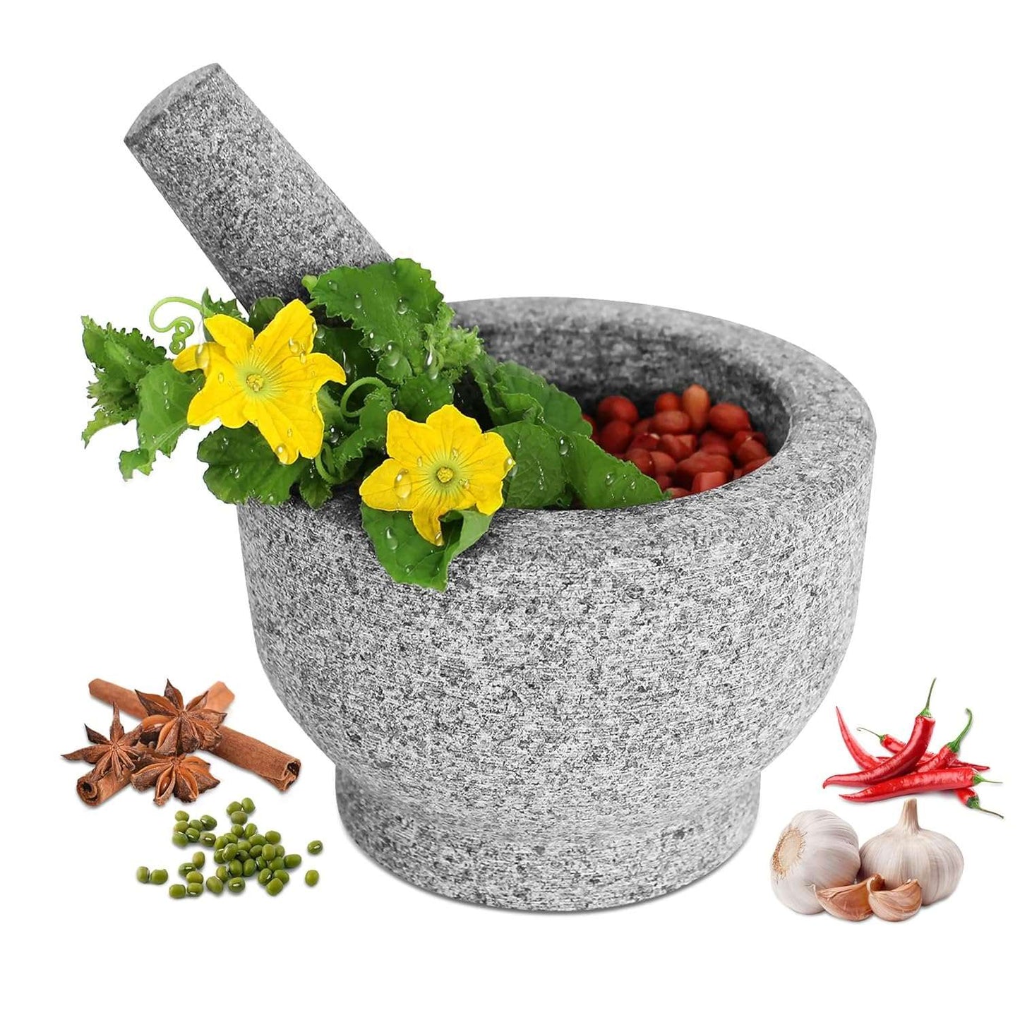 GRANDMA SHARK Mortar and Pestle Set - 14 cm Diameter Large Capacity Hard Granite Mortar