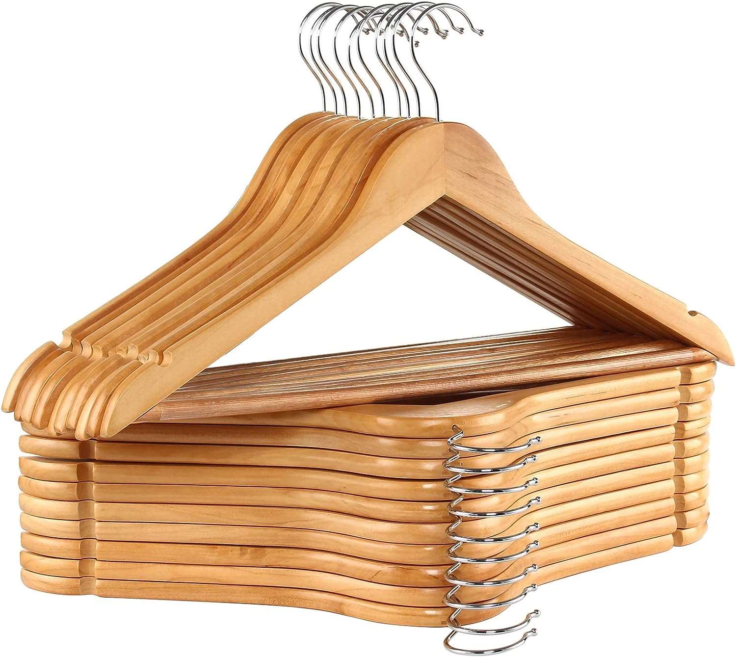 GRANDMA SHARK 20-Pack Wooden Coat Hangers - Strong, Non-Slip, 360° Hook Natural