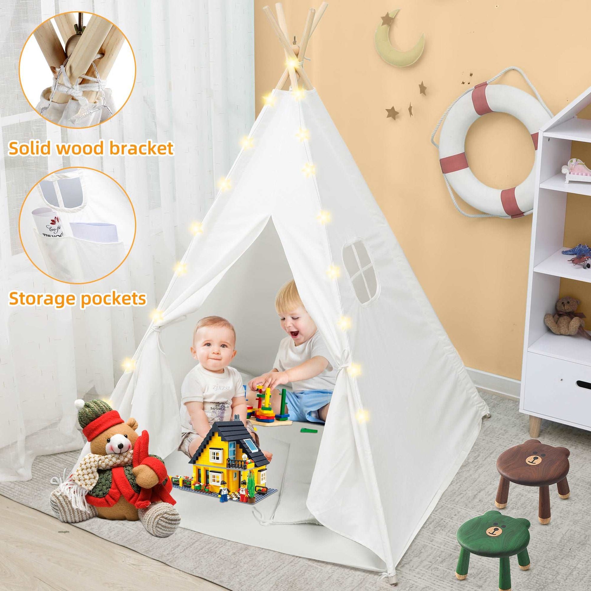 Teepee Tent for Kids, Portable Children's Play Tent with LED Fairy Lights