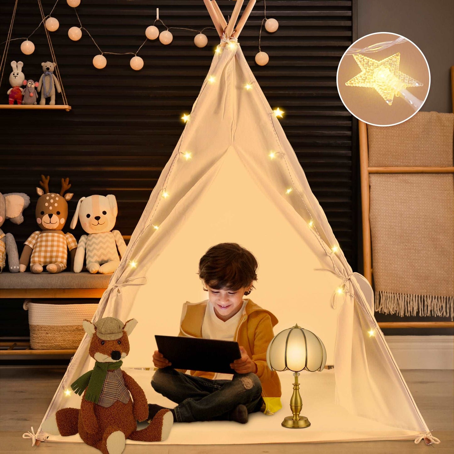 Teepee Tent for Kids, Portable Children's Play Tent with LED Fairy Lights