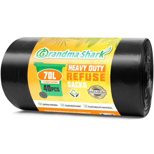 GRANDMA SHARK 70L Heavy Duty Bin Bags, Recycled Material Refuse Sacks, Strong 25 Micron Black Bin Bags, 40 Pack for Home & Commercial Waste Disposal, Durable & Leak-Proof