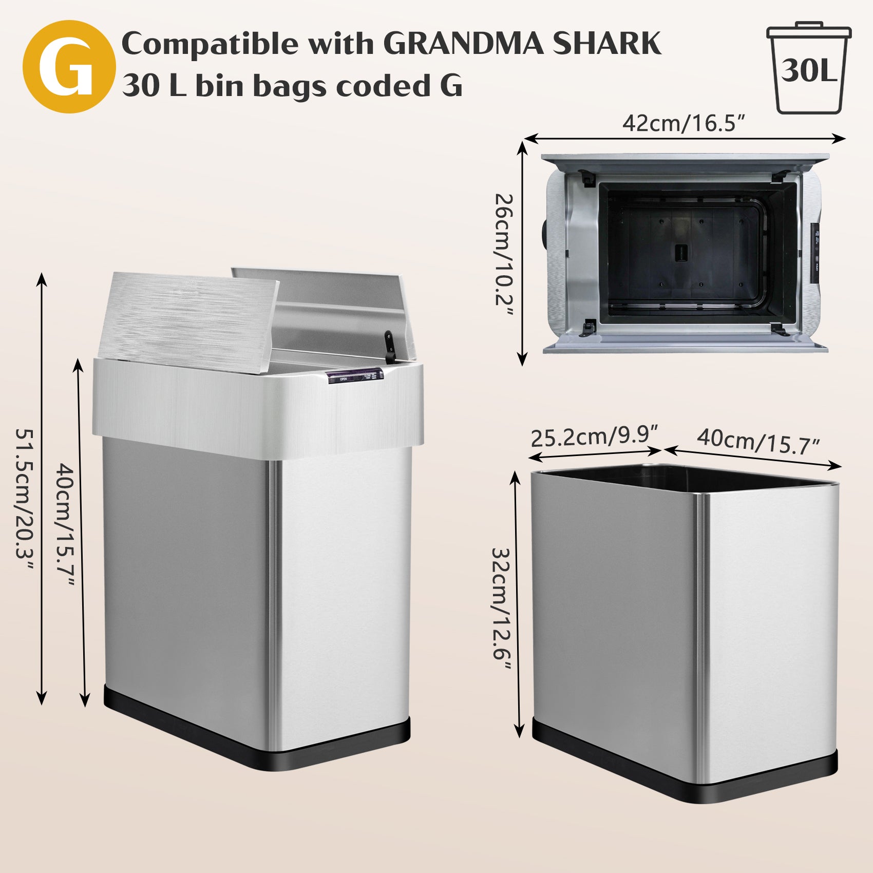 GRANDMA SHARK 30L Automatic Sensor Bin, Stainless Steel Touchless Rubbish Bin with Adjustable Infrared Sensor, Waterproof Kitchen Waste Bin with Soft Close Lid, Silver