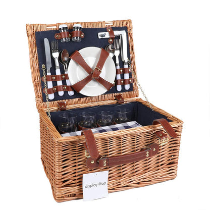 Deluxe 4 Person Traditional Wicker picnic basket Wicker Hamper - Premium Set with Plates, Wine Glasses, Flatware and Napkins