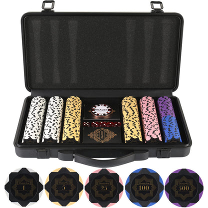 Clay Poker Chips Set for Texas Holdem,Poker Chips with Denominations,Features a high-end Carrying case with Leather Interior Design and German Polycarbonate Shell(300pcs - 13.5g)