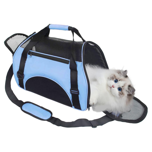 Cat Carrier, Portable Pet Carrier Foldable Soft Sided Cat Travel Carrier Airline Approved Cat Carrier bag Breathable with Mesh Top and Sides 43x20x28cm, Blue