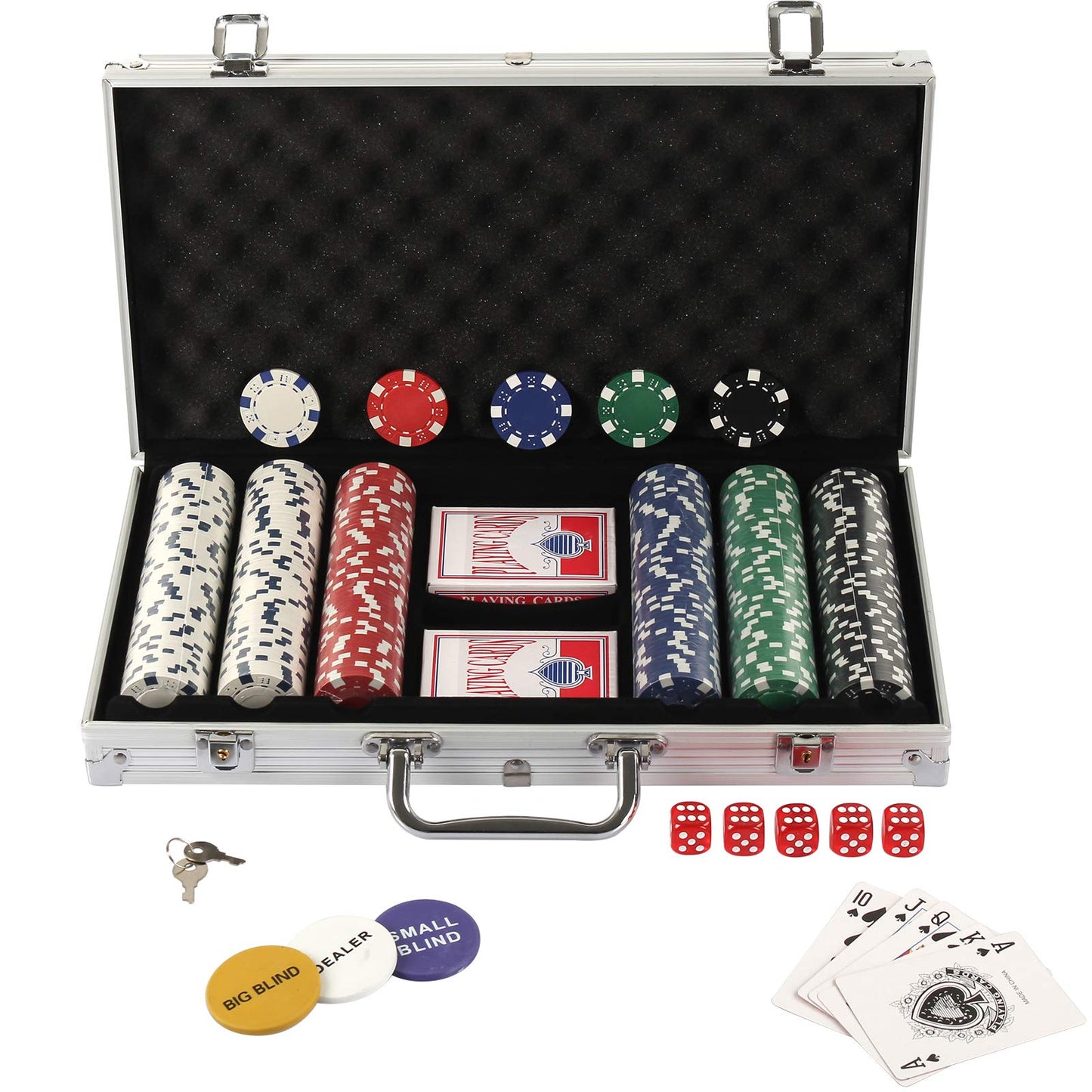 Texas Holdem Poker Chips Set with Aluminum Case,2 Decks of Cards, Dealer, Small Blind, Big Blind Buttons and 5 Dice (300pcs)